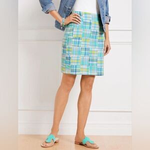 Talbot's Cotton Madras Plaid Patchwork A-line Skirt Blue & Green Preppy Size 8